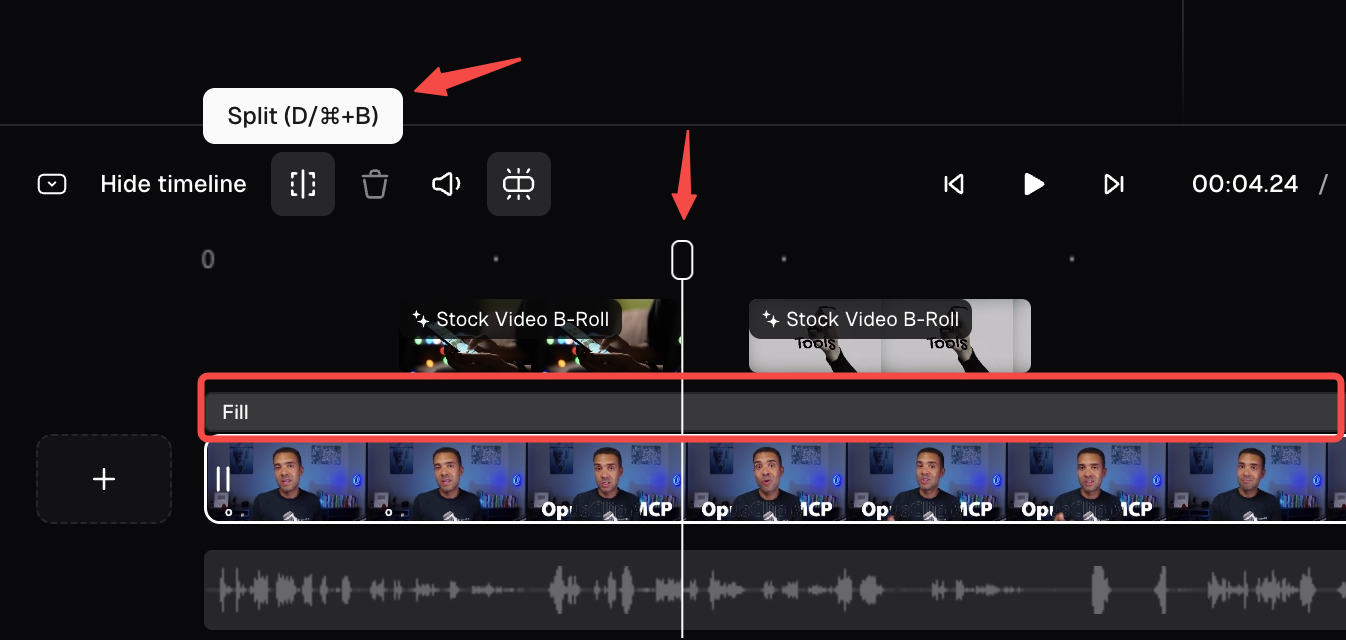 Редактор OpusClip с таймлайном, дорожкой B-roll и инструментами разделения клипа