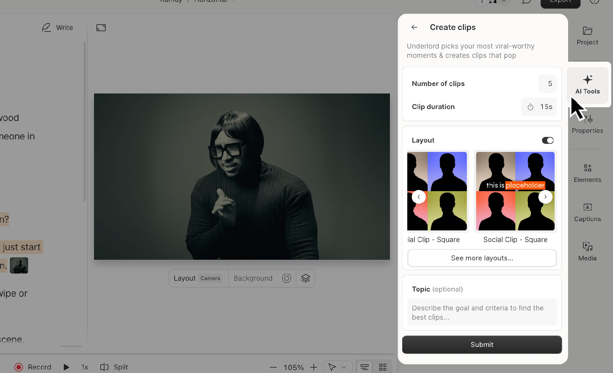 Панель Descript Create Clips с количеством роликов, длительностью, макетом и темой