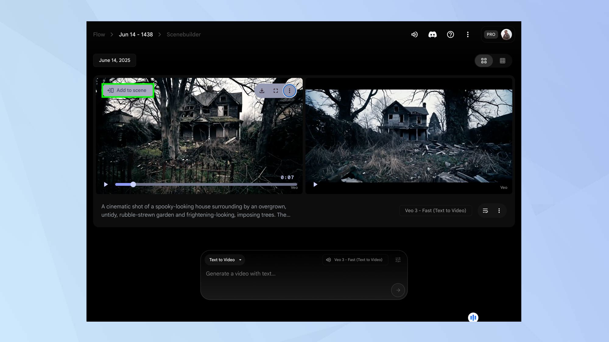 Рабочее пространство Google Flow со сценами Veo и текстовым запросом